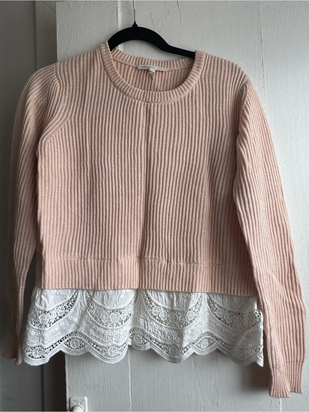 Maje Pink Knit Crewneck Sweater with White Lace Hem